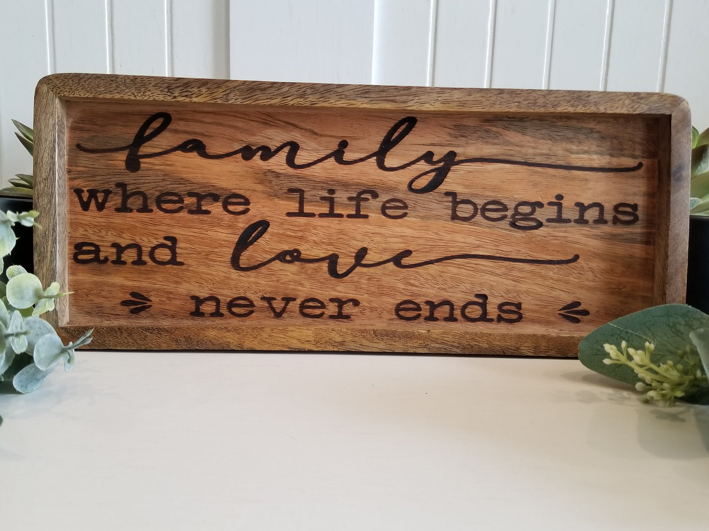 Acacia wood catch all tray. Key tray. Family tree tray. Tray for Mother/Dad.  Gift. Birthday gift. Dad gift. Mom gift. Grandparent gift. New home/realtor gift.