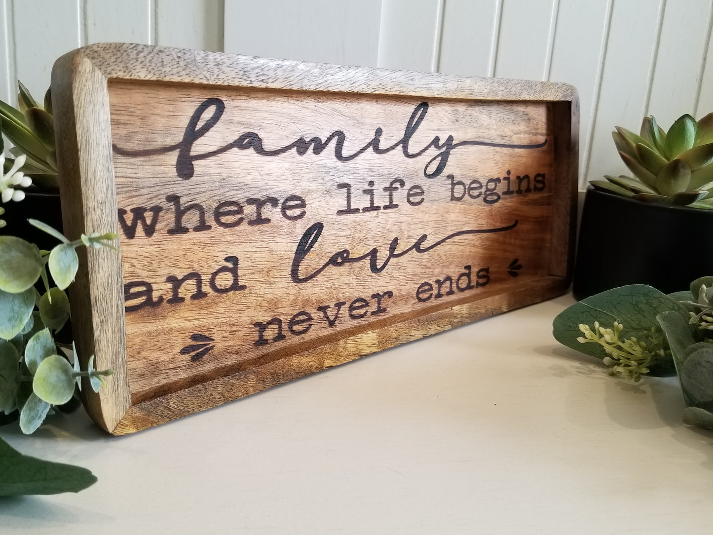 Acacia wood catch all tray. Key tray. Family tree tray. Tray for Mother/Dad.  Gift. Birthday gift. Dad gift. Mom gift. Grandparent gift. New home/realtor gift.