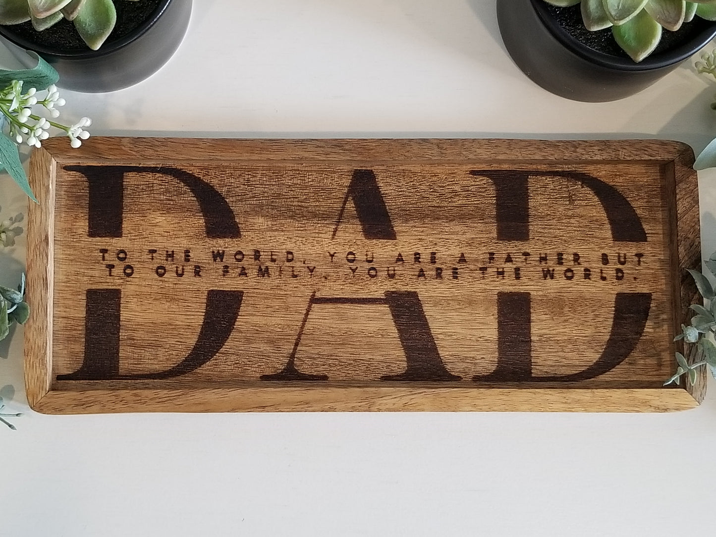 Acacia wood catch all tray. Key tray. Family tree tray. Tray for Mother/Dad.  Gift. Birthday gift. Dad gift. Mom gift. Grandparent gift. New home/realtor gift.