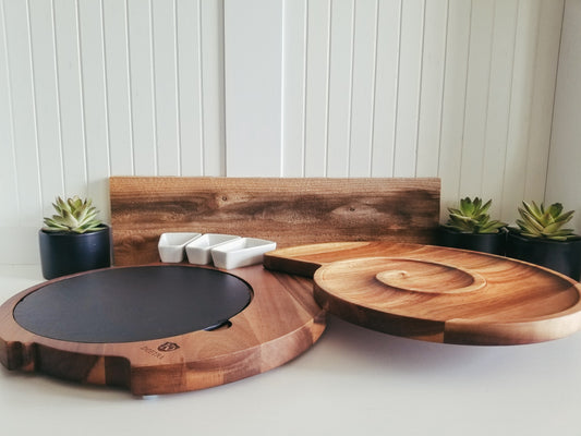 Extra Large 12 Piece Charcuterie Set.  Jumbo Acacia Wood Charcuterie Set.  Slate plate can be engraved for personalization.