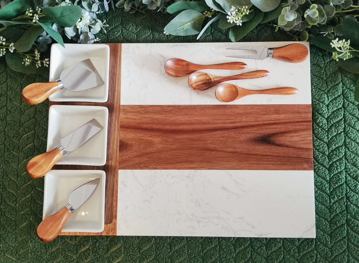 11 piece Wood and Marble Charcuterie Board with wooden spoons,  utensils,  bowls.  Personalized Charcuterie Board.