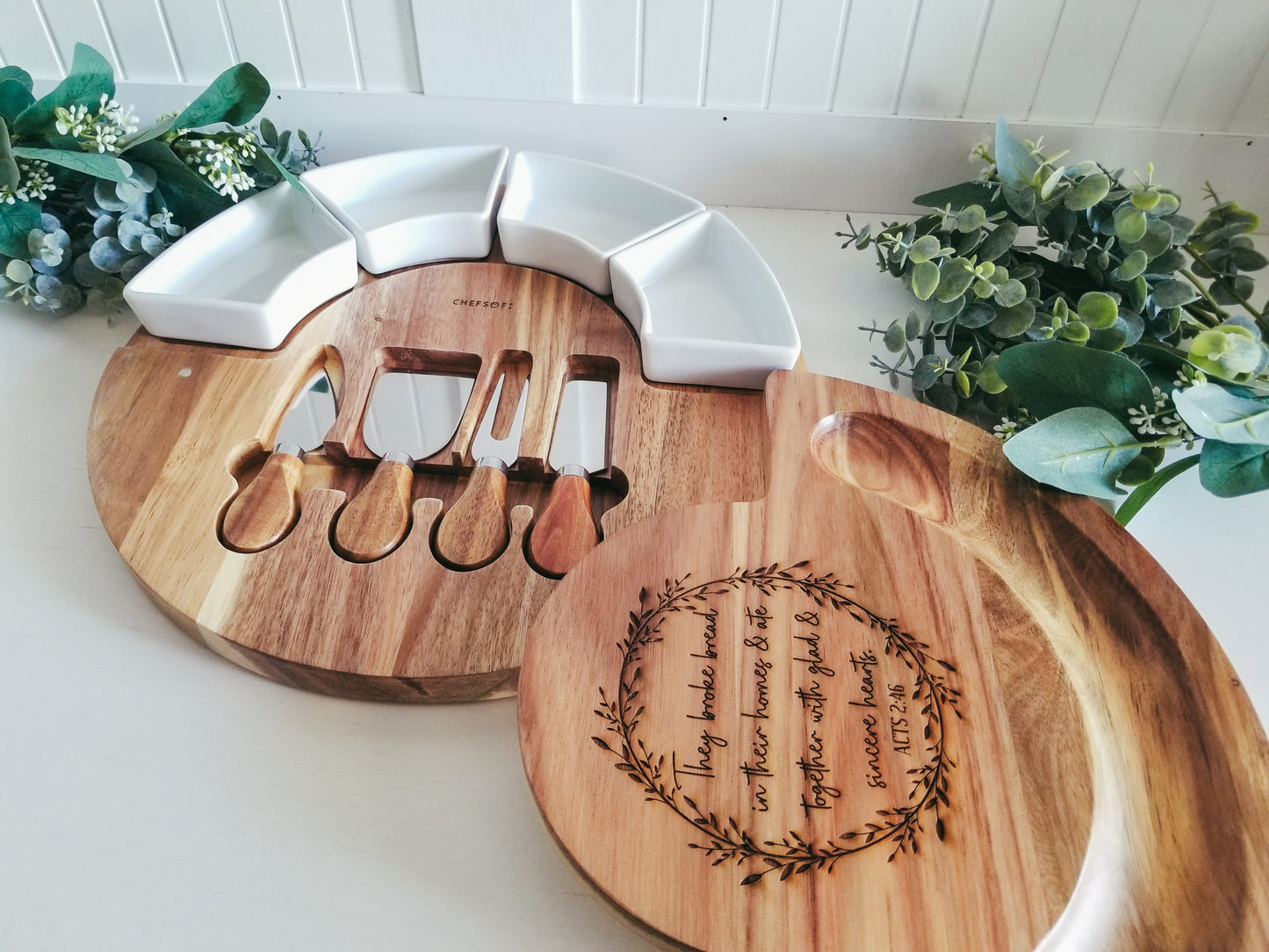 9 Piece Acts 2:46 Acacia Wood Charcuterie Set. Can Be Customized To Your Needs.