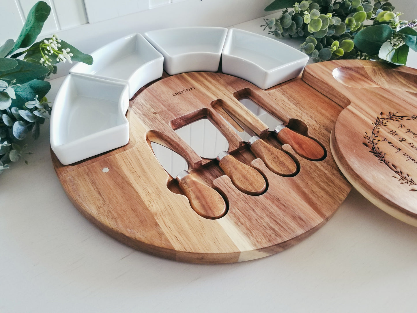 9 Piece Acts 2:46 Acacia Wood Charcuterie Set. Can Be Customized To Your Needs.