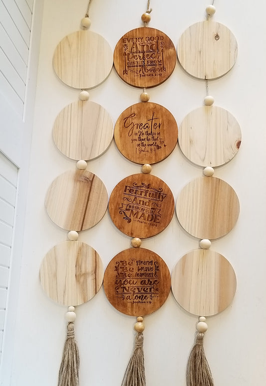 Set of 4 wooden plaques. Personalized wooden plaques. Round wooden tags with beads. Home decor.  Housewarming, Engagement, Birthday Gift.