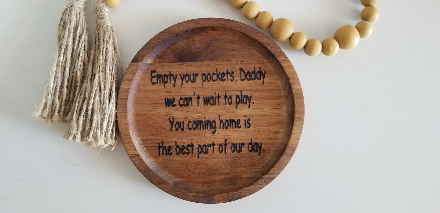 6 Inch Acacia Wood Round Tray. Engraved Wooden Plate. Key Tray.