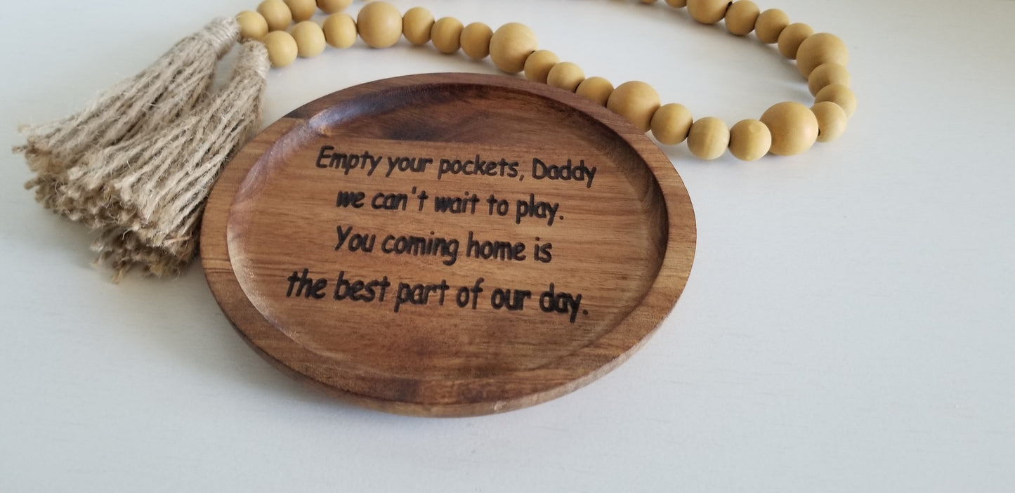 6 Inch Acacia Wood Round Tray. Engraved Wooden Plate. Key Tray.