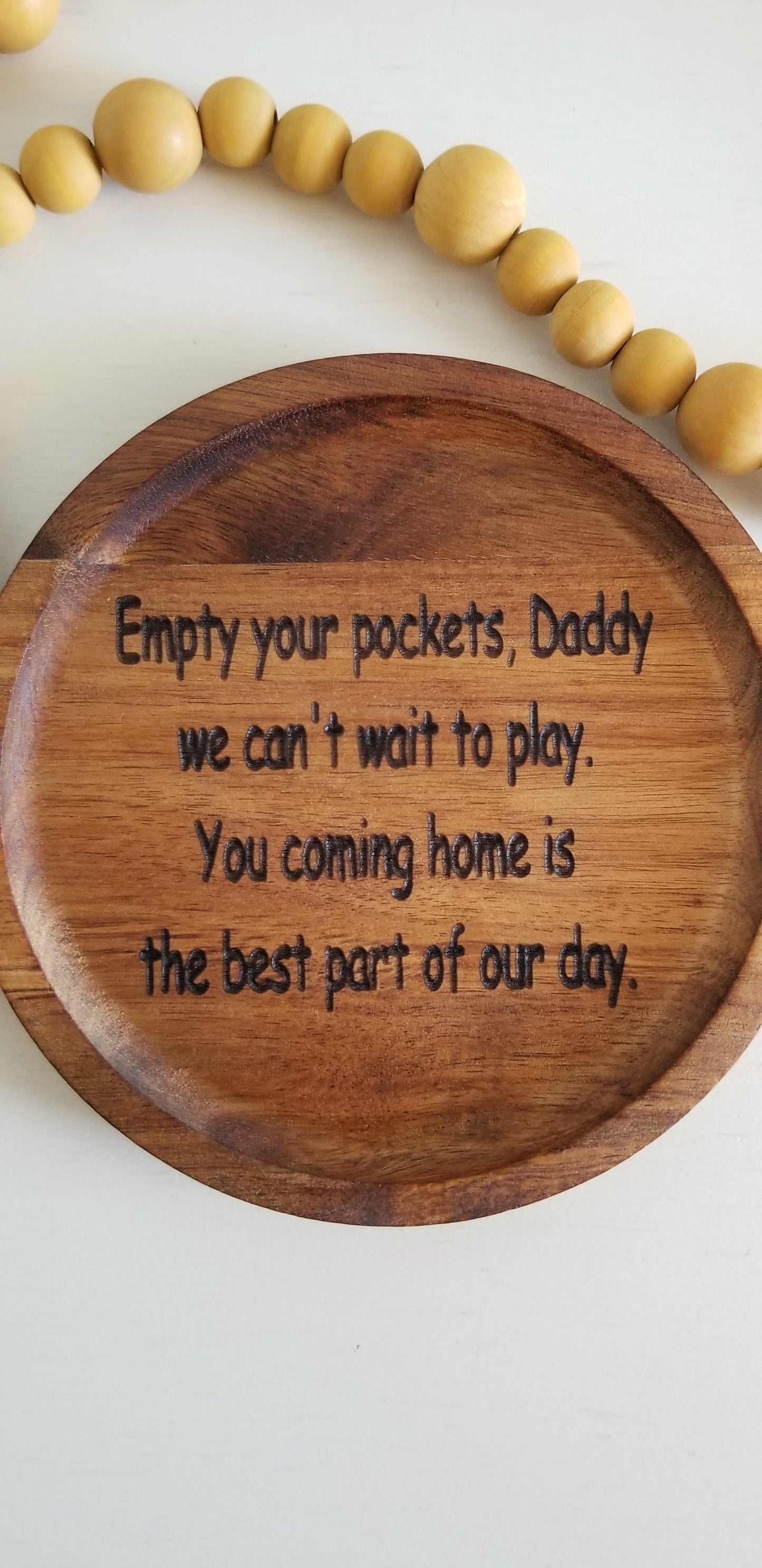 6 Inch Acacia Wood Round Tray. Engraved Wooden Plate. Key Tray.