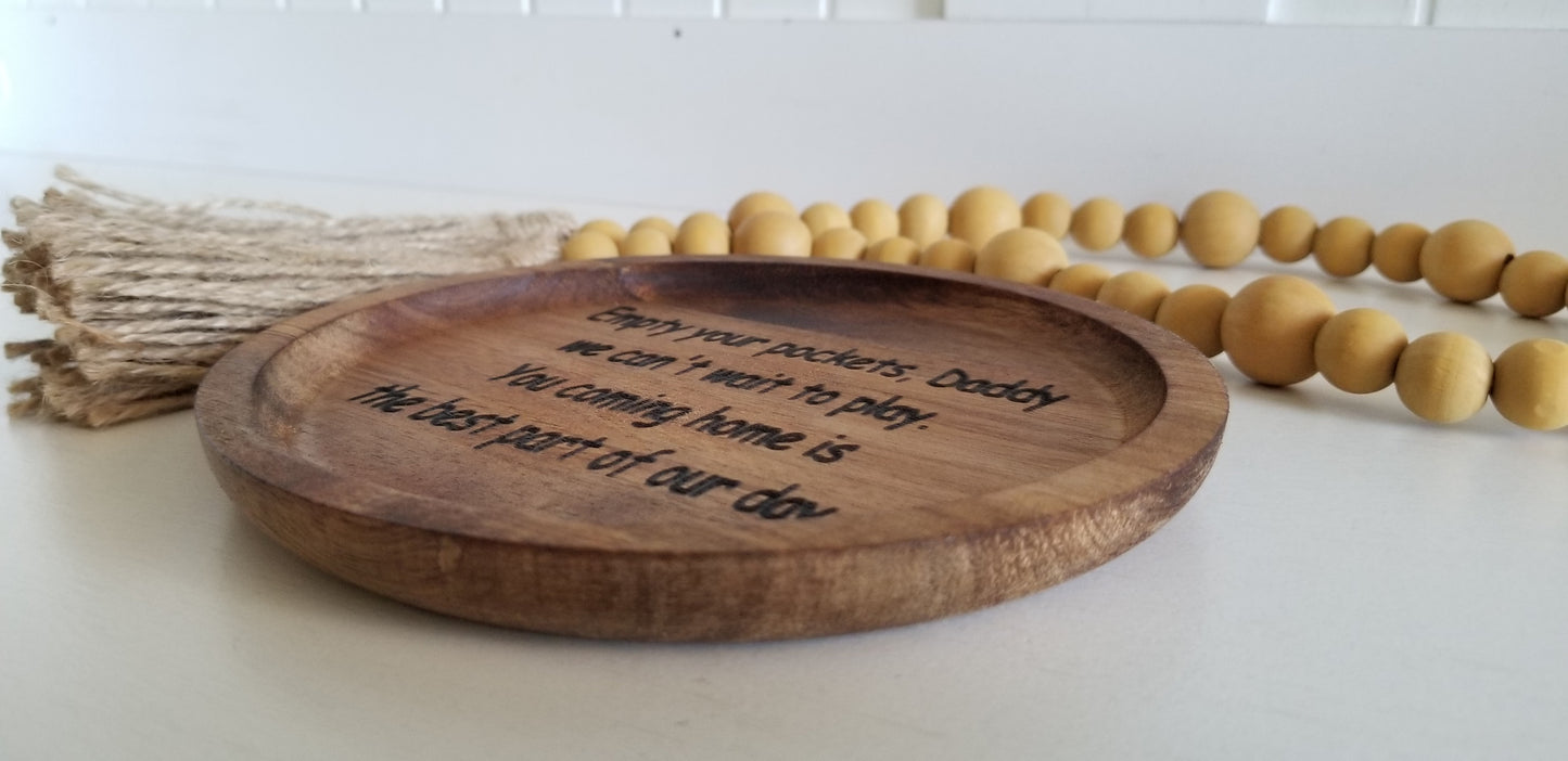 6 Inch Acacia Wood Round Tray. Engraved Wooden Plate. Key Tray.