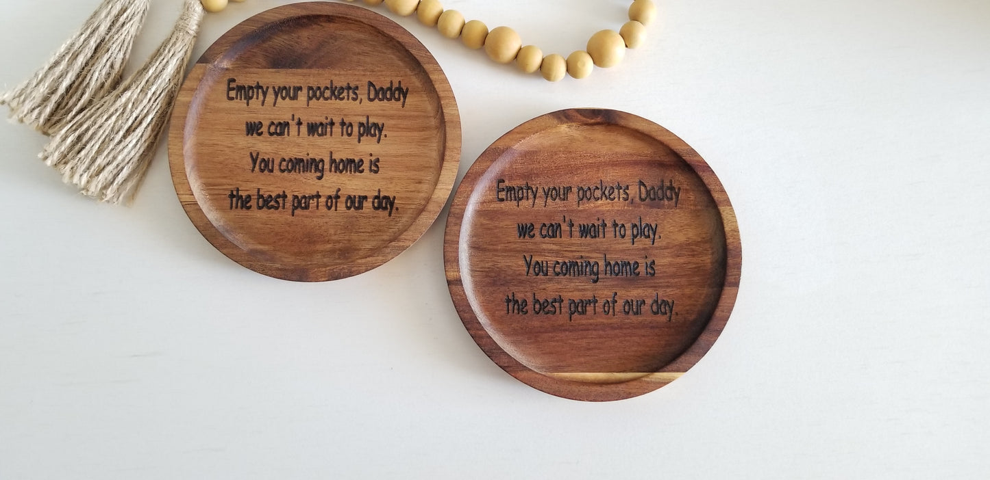 6 Inch Acacia Wood Round Tray. Engraved Wooden Plate. Key Tray.