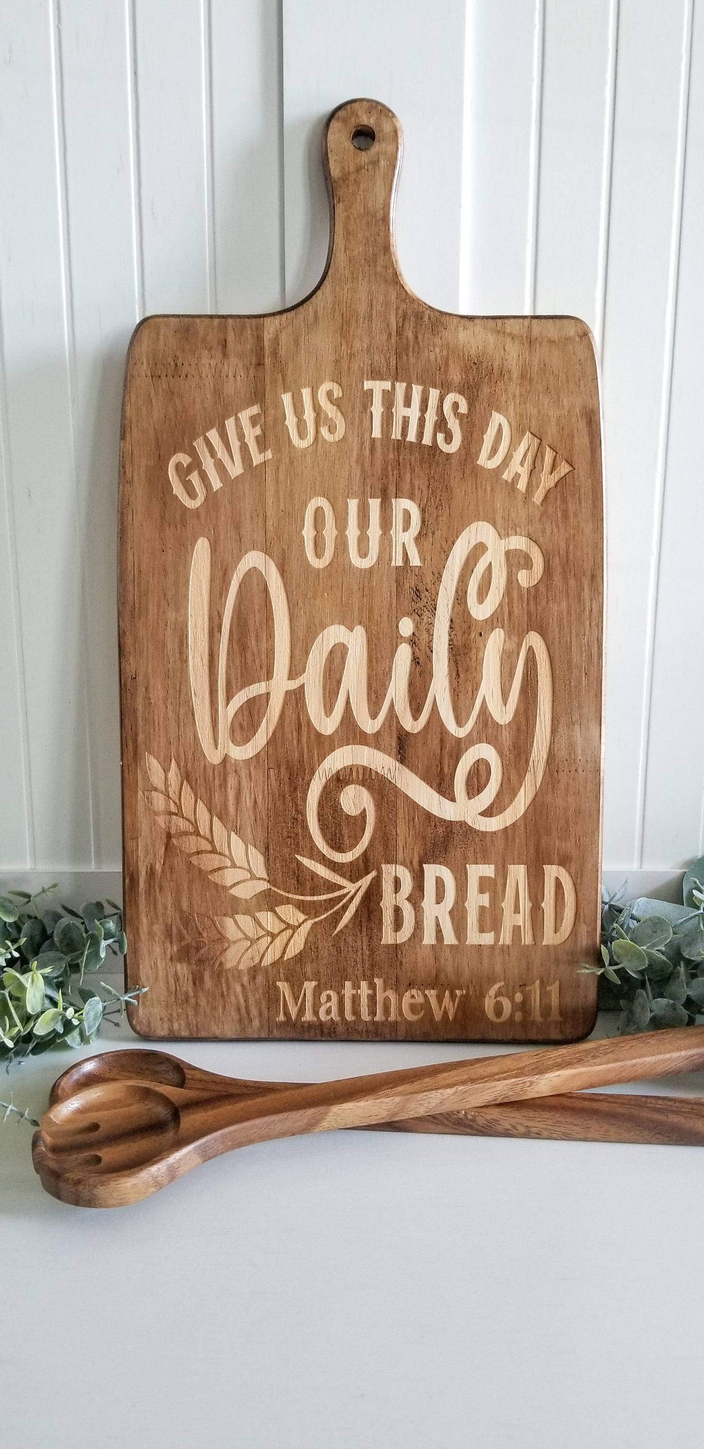 "Give Us This Day Our Daily" MATTHEW 6:11  Bread Decorative Cutting Board with Round Spoon & Spork.