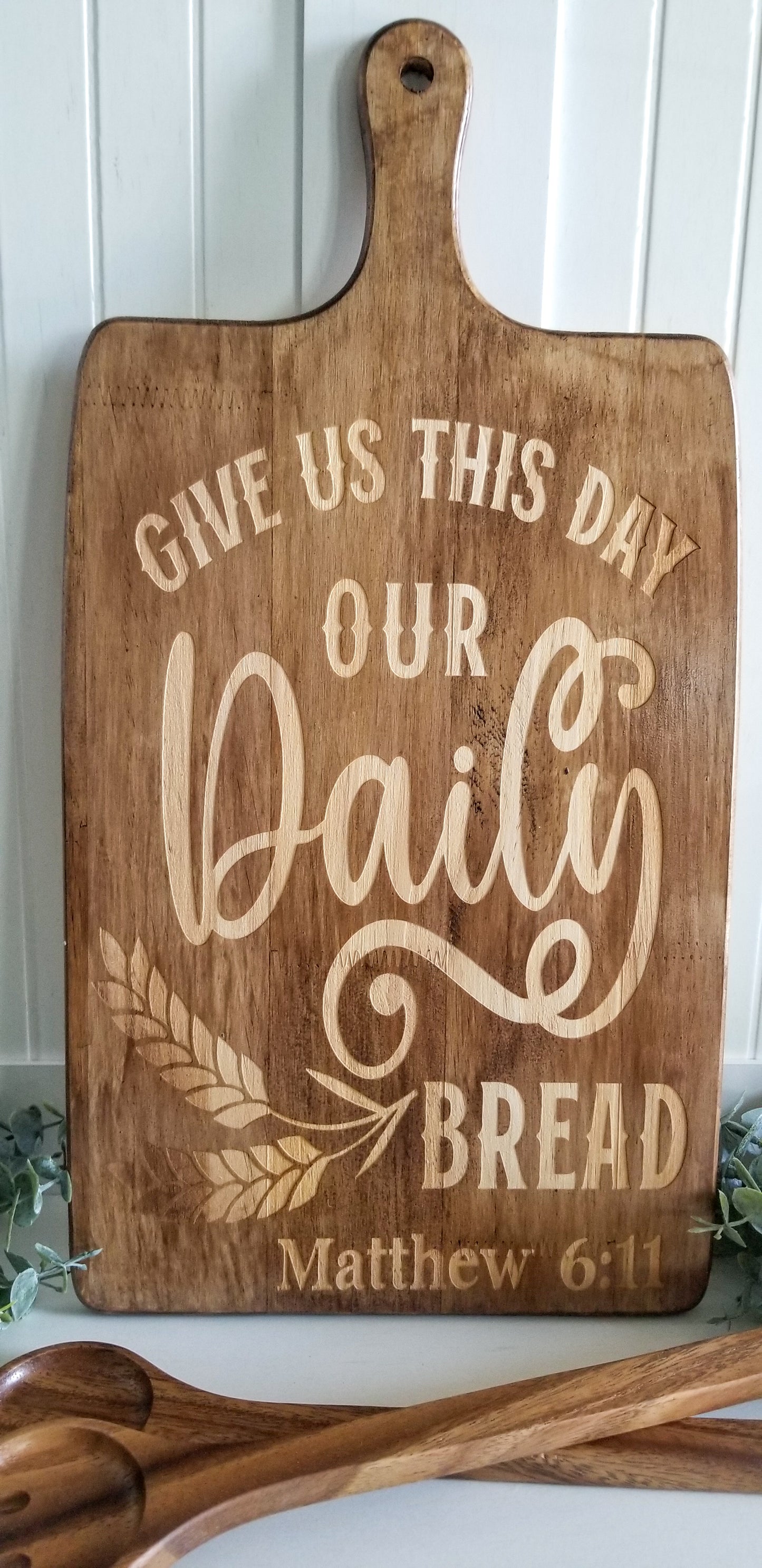 "Give Us This Day Our Daily" MATTHEW 6:11  Bread Decorative Cutting Board with Round Spoon & Spork.