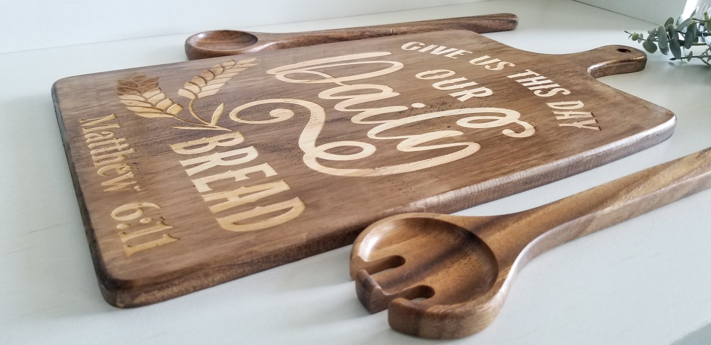 "Give Us This Day Our Daily" MATTHEW 6:11  Bread Decorative Cutting Board with Round Spoon & Spork.