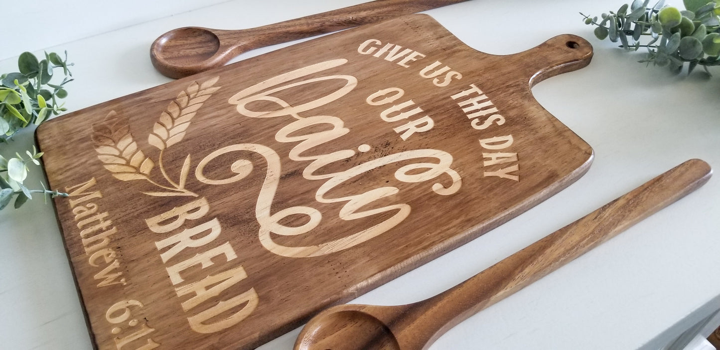 "Give Us This Day Our Daily" MATTHEW 6:11  Bread Decorative Cutting Board with Round Spoon & Spork.