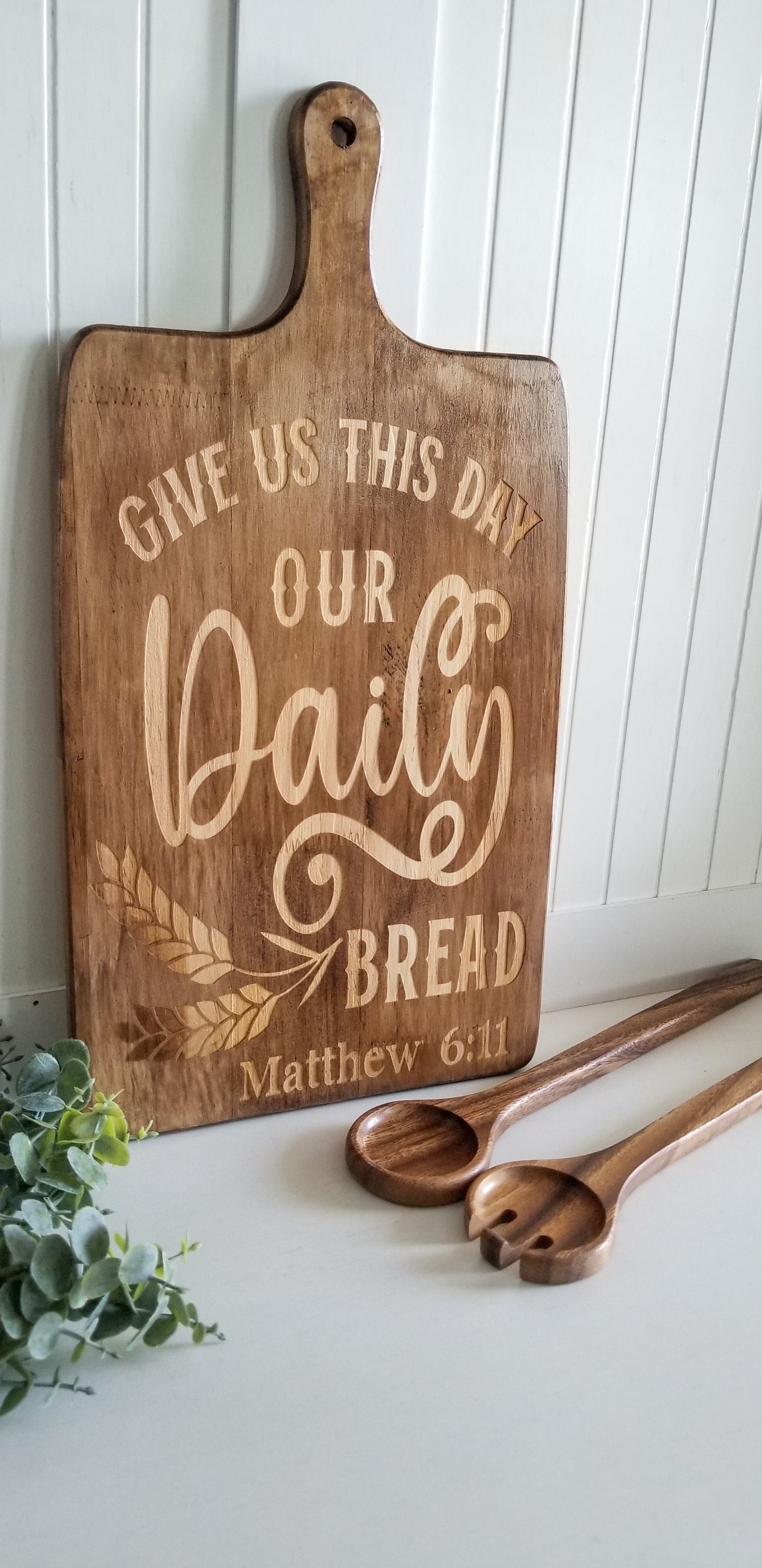 "Give Us This Day Our Daily" MATTHEW 6:11  Bread Decorative Cutting Board with Round Spoon & Spork.