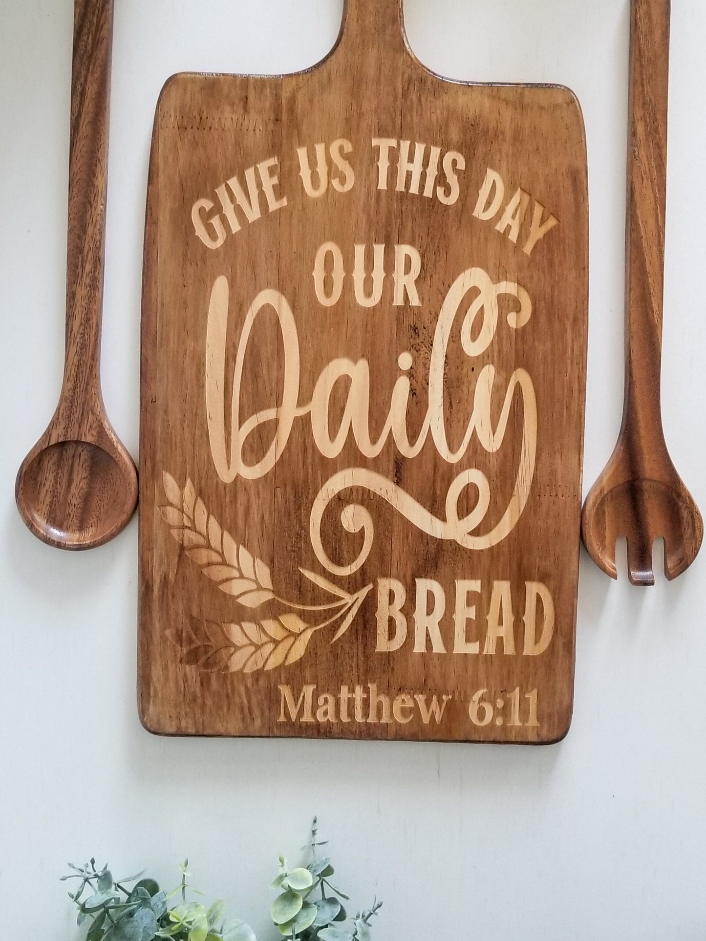 "Give Us This Day Our Daily" MATTHEW 6:11  Bread Decorative Cutting Board with Round Spoon & Spork.