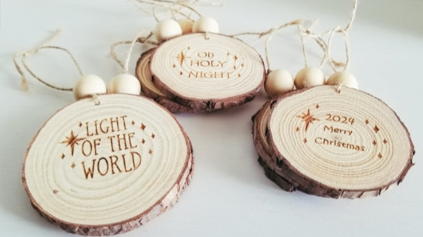 Natural Wood Ornament.  Christmas Ornament.  Engraved Christmas Ornament.  Natural Wood Slice Ornament.  Light Of The World Ornament.