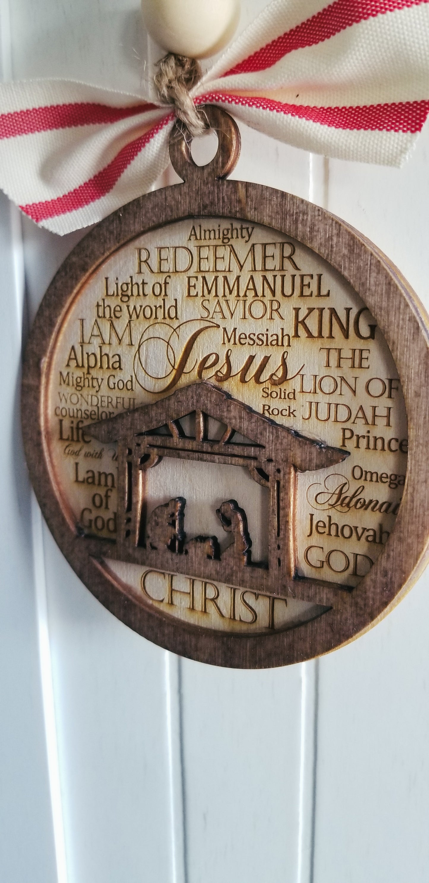 Nativity Scene Ornament.  Names of Jesus Ornament.  Double layered Engraved Wooden Christmas Ornament.  Christmas Ornament.