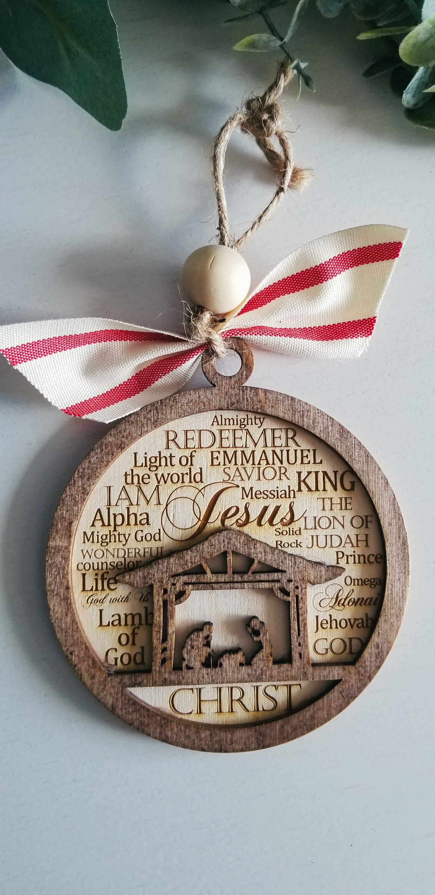 Nativity Scene Ornament.  Names of Jesus Ornament.  Double layered Engraved Wooden Christmas Ornament.  Christmas Ornament.