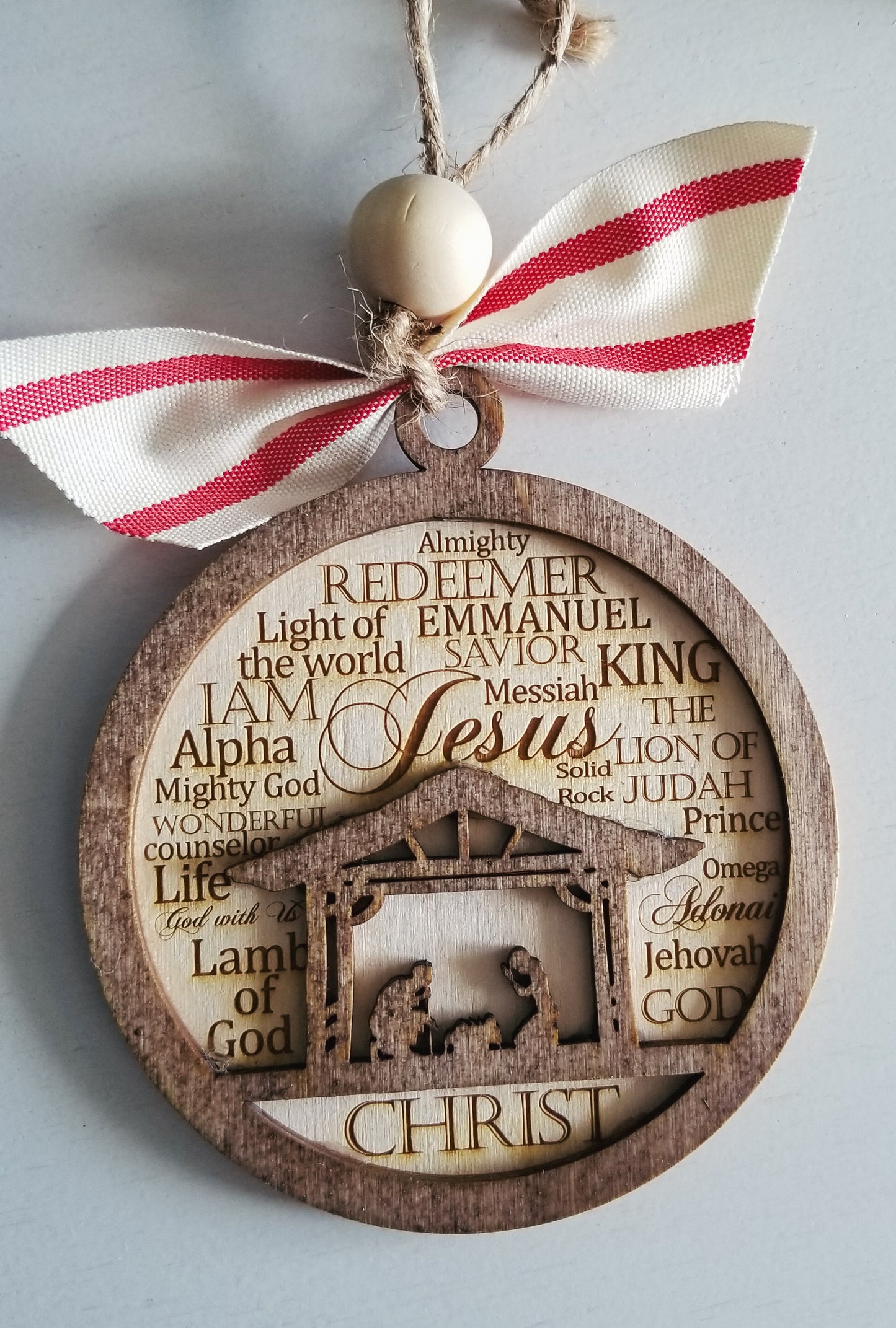 Nativity Scene Ornament.  Names of Jesus Ornament.  Double layered Engraved Wooden Christmas Ornament.  Christmas Ornament.