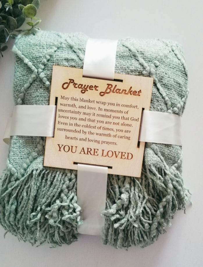 Basil Green Knitted Prayer Blanket with 5 inch Wooden Tag