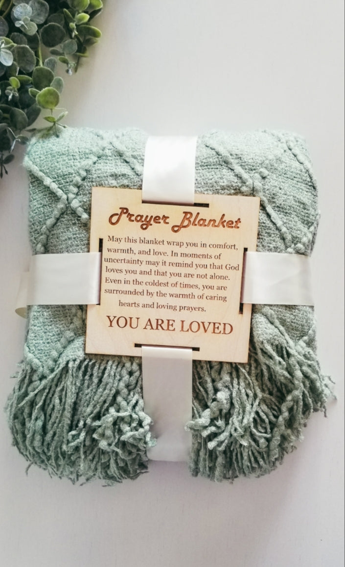 Basil Green Knitted Prayer Blanket with 5 inch Wooden Tag