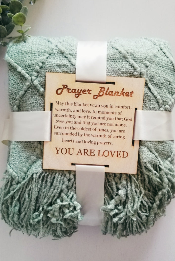 Basil Green Knitted Prayer Blanket with 5 inch Wooden Tag