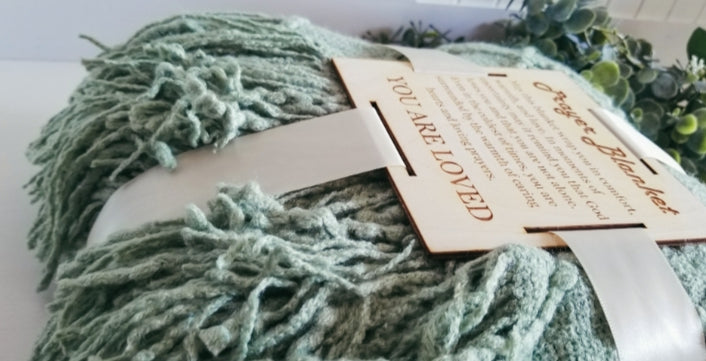 Basil Green Knitted Prayer Blanket with 5 inch Wooden Tag