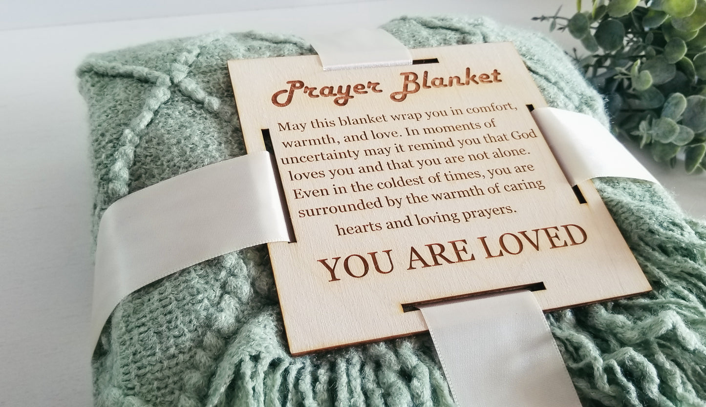 Basil Green Knitted Prayer Blanket with 5 inch Wooden Tag