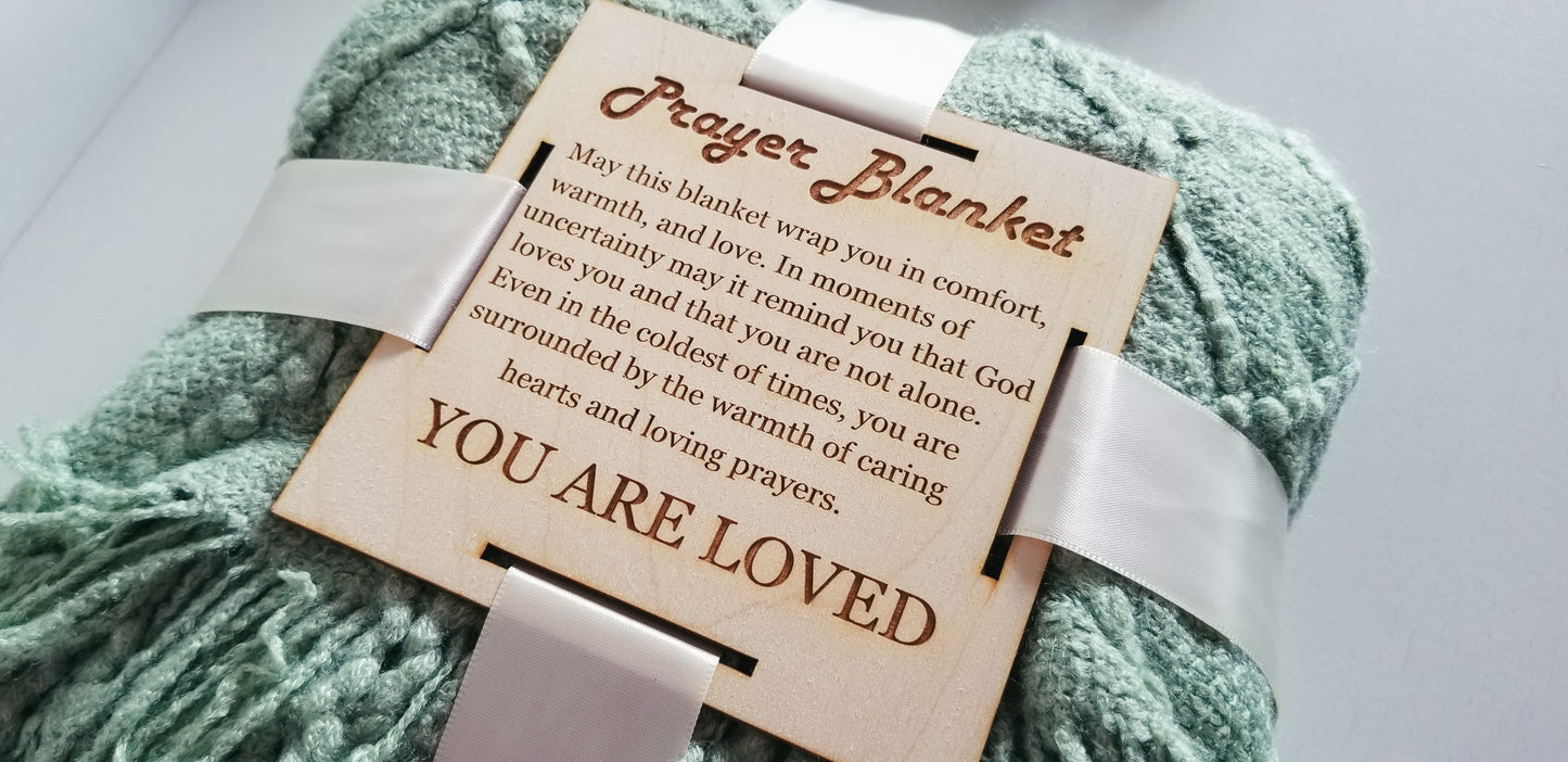 Basil Green Knitted Prayer Blanket with 5 inch Wooden Tag