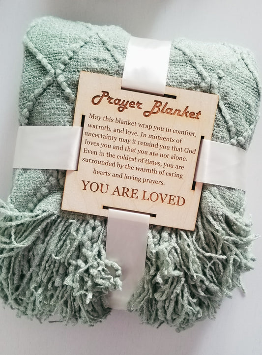 Basil Green Knitted Prayer Blanket with 5 inch Wooden Tag