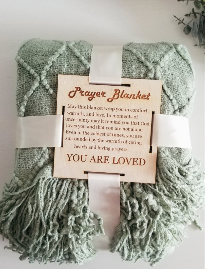 Basil Green Knitted Prayer Blanket with 5 inch Wooden Tag