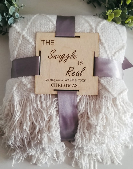 Off White Knitted The Snuggle Is Real Blanket with 5 inch Wooden Tag