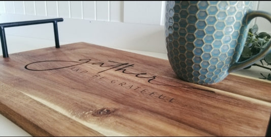 Customized Gather Serving Tray. Thanksgiving decor. Engraved Wooden Tray.