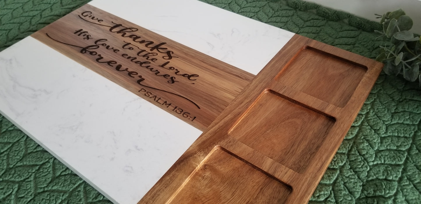 11 piece Wood and Marble Charcuterie Board with wooden spoons,  utensils,  bowls.  Personalized Charcuterie Board.