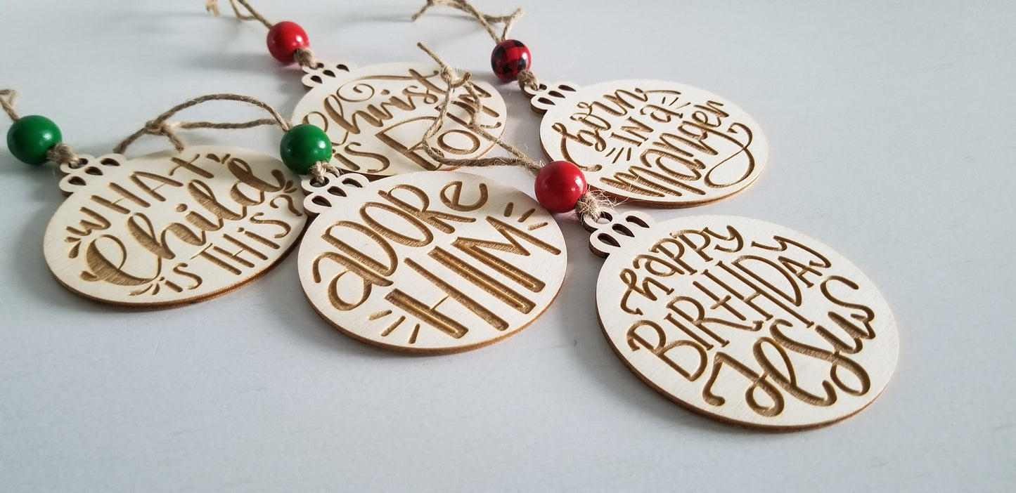 Set of Christian Christmas Ornaments.  3 Inch Wooden Engraved 5 pack Christmas Ornaments.