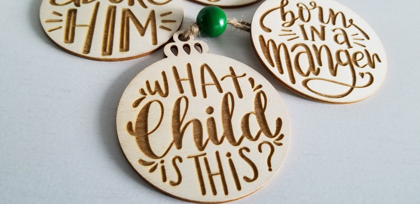 Set of Christian Christmas Ornaments.  3 Inch Wooden Engraved 5 pack Christmas Ornaments.