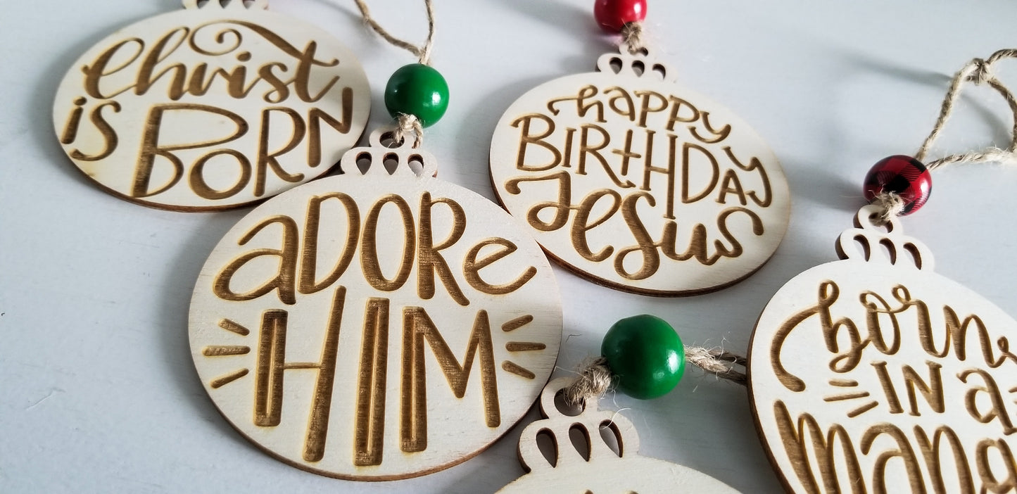 Set of Christian Christmas Ornaments.  3 Inch Wooden Engraved 5 pack Christmas Ornaments.