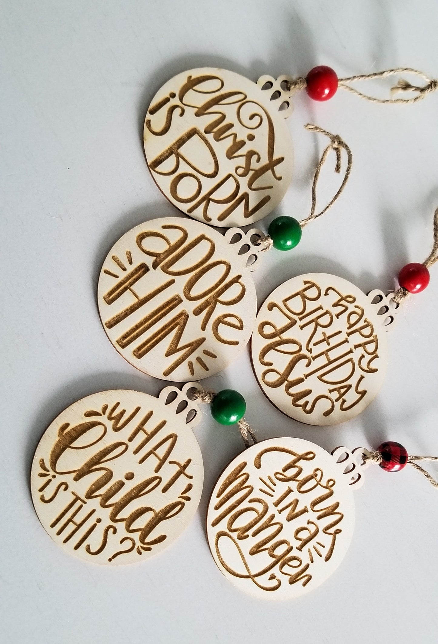 Set of Christian Christmas Ornaments.  3 Inch Wooden Engraved 5 pack Christmas Ornaments.