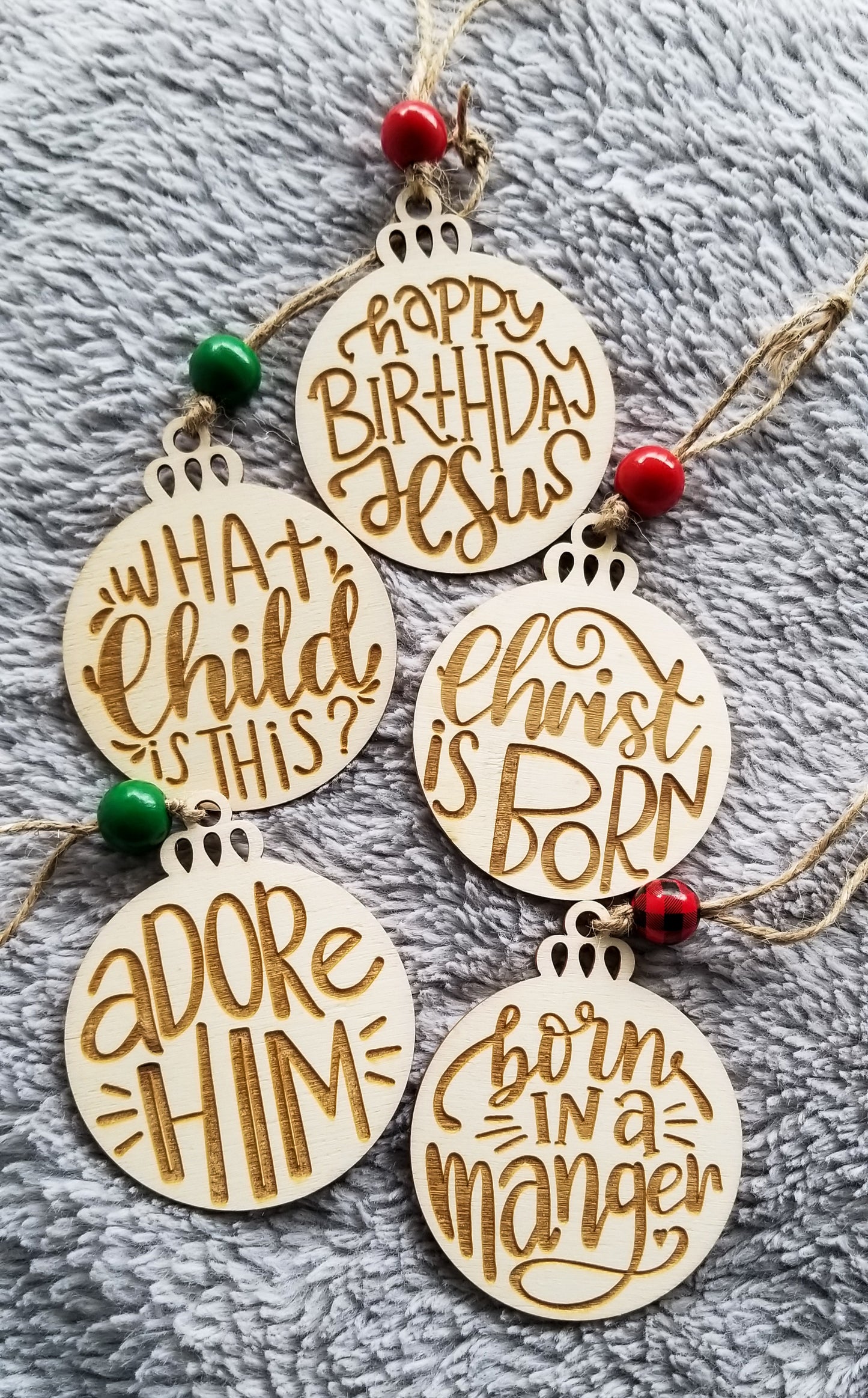 Set of Christian Christmas Ornaments.  3 Inch Wooden Engraved 5 pack Christmas Ornaments.