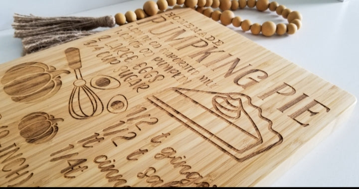 Rectangle  Bamboo Cutting Board Engraved With Recipe. Length 13.8, Width  9.8 and Depth 0.8 inches.