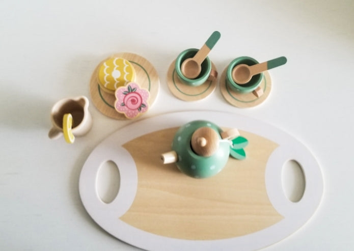 15 Piece Wooden Tea Set for children.  Montessori Toddler Toys. 15 piece Tea Set. Engraved Wooden Tea Set.