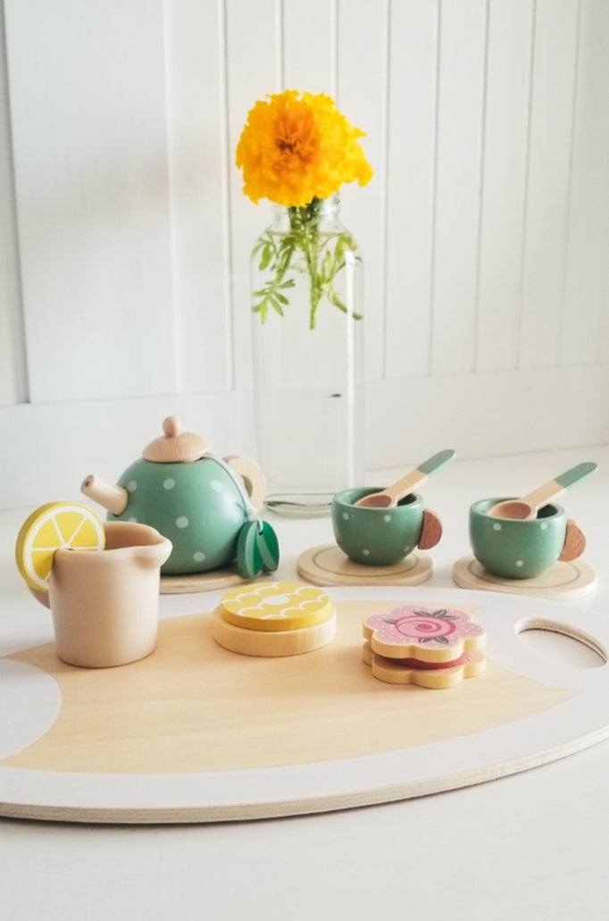 15 Piece Wooden Tea Set for children.  Montessori Toddler Toys. 15 piece Tea Set. Engraved Wooden Tea Set.