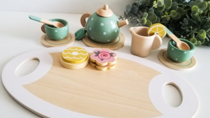 15 Piece Wooden Tea Set for children.  Montessori Toddler Toys. 15 piece Tea Set. Engraved Wooden Tea Set.