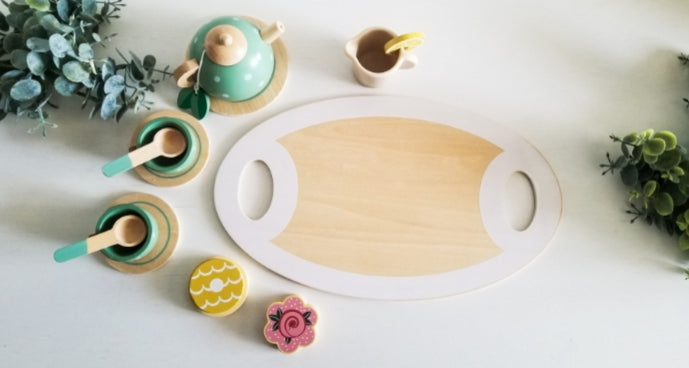 15 Piece Wooden Tea Set for children.  Montessori Toddler Toys. 15 piece Tea Set. Engraved Wooden Tea Set.