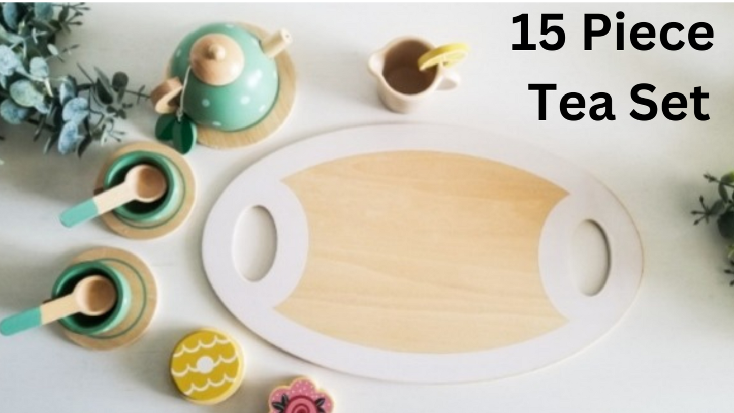 15 Piece Wooden Tea Set for children.  Montessori Toddler Toys. 15 piece Tea Set. Engraved Wooden Tea Set.