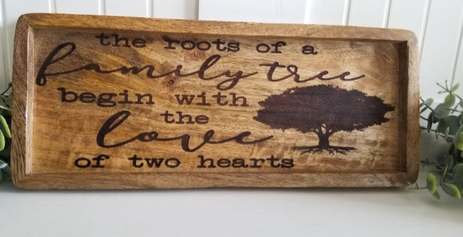 Acacia wood catch all tray. Key tray. Family tree tray. Tray for Mother/Dad.  Gift. Birthday gift. Dad gift. Mom gift. Grandparent gift. New home/realtor gift.