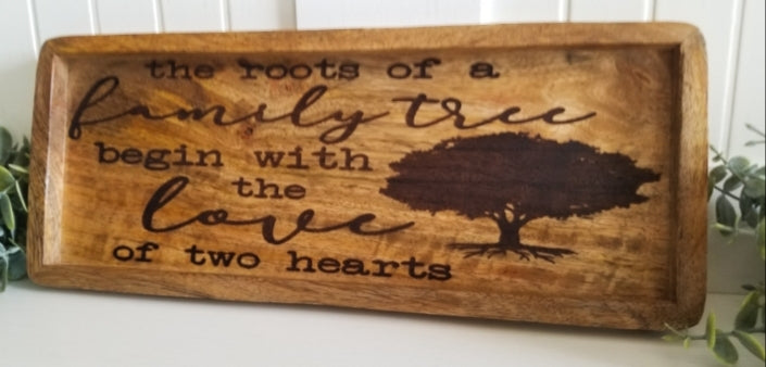 Acacia wood catch all tray. Key tray. Family tree tray. Tray for Mother/Dad.  Gift. Birthday gift. Dad gift. Mom gift. Grandparent gift. New home/realtor gift.