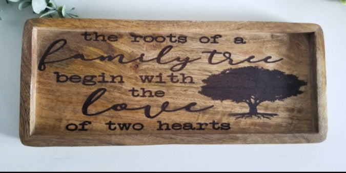 Acacia wood catch all tray. Key tray. Family tree tray. Tray for Mother/Dad.  Gift. Birthday gift. Dad gift. Mom gift. Grandparent gift. New home/realtor gift.