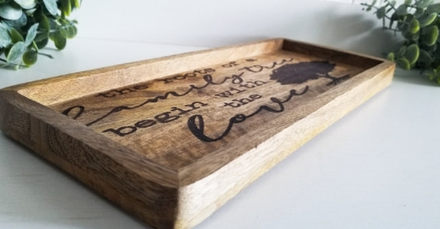 Acacia wood catch all tray. Key tray. Family tree tray. Tray for Mother/Dad.  Gift. Birthday gift. Dad gift. Mom gift. Grandparent gift. New home/realtor gift.