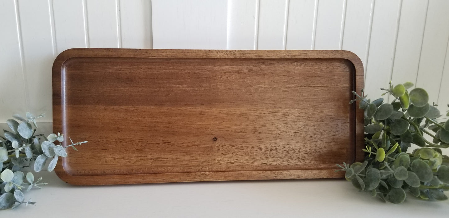 14x6 Acacia Wood Serving Tray. Rustic  Wooden Platter.  Or Decorative Key/Trinket Tray.  Can be personalized.